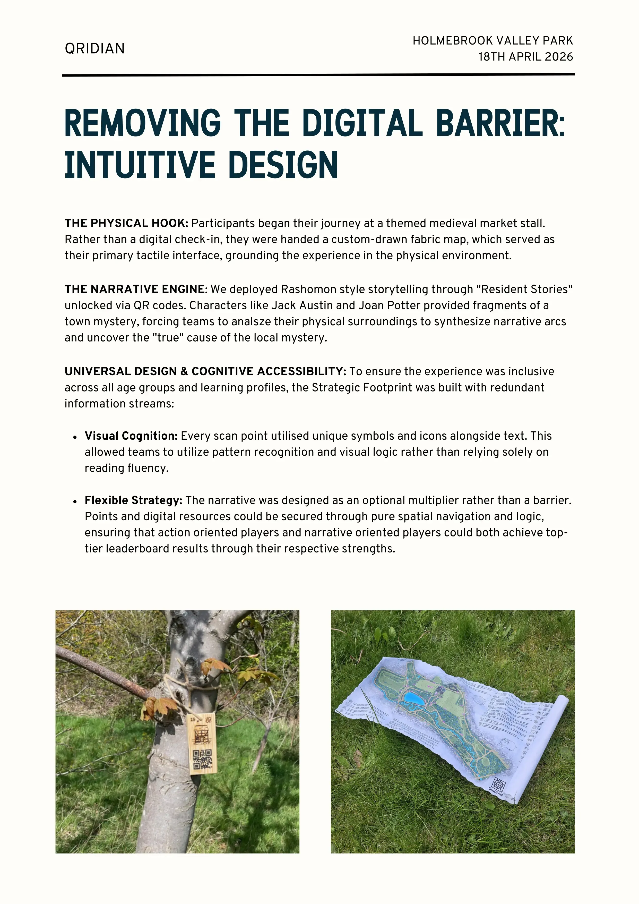 QRIDIAN report titled "Removing the Digital Barrier: Intuitive Design" for the Holmebrook Valley Park Pilot (April 2026). The document highlights the use of tactile fabric maps and QR-code-based storytelling to create an inclusive, "offline-first" experience for all ages and learning profiles. It features photos of a wooden QR marker tied to a tree and a custom-drawn fabric map on the grass.